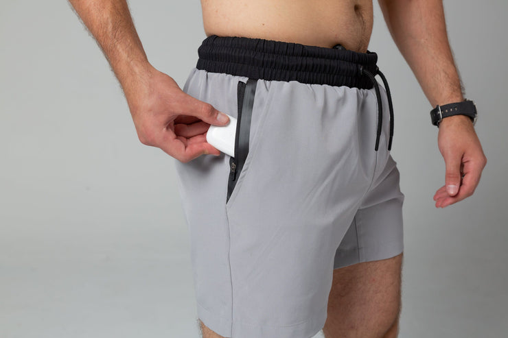 Grey training shorts right pocket
