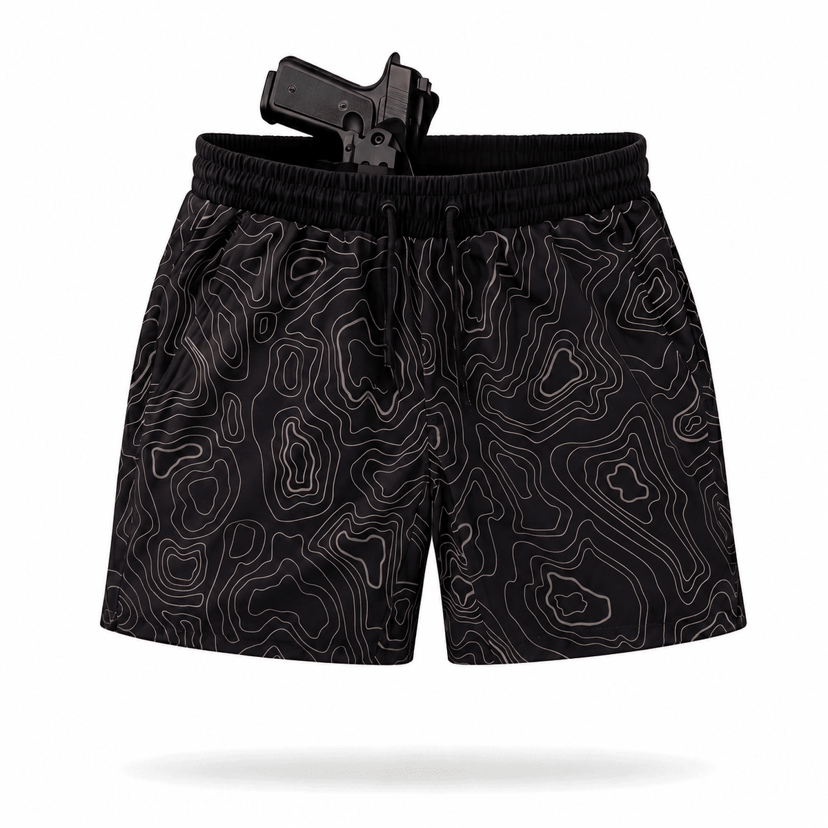 Black shorts with a white topographic contour line pattern, featuring an elastic waistband and drawstring, shown with a black handgun in a hip holster worn over the waistband, on a white background.