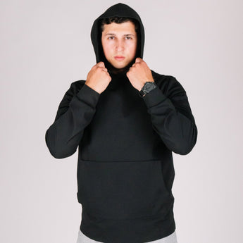 Durable hoodie black hood front