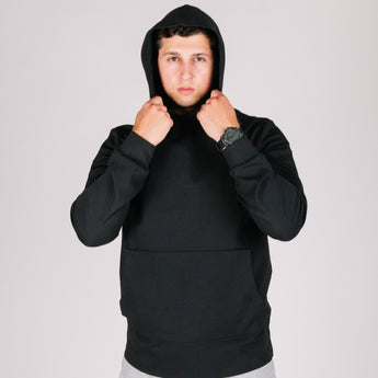 Durable hoodie black hood front