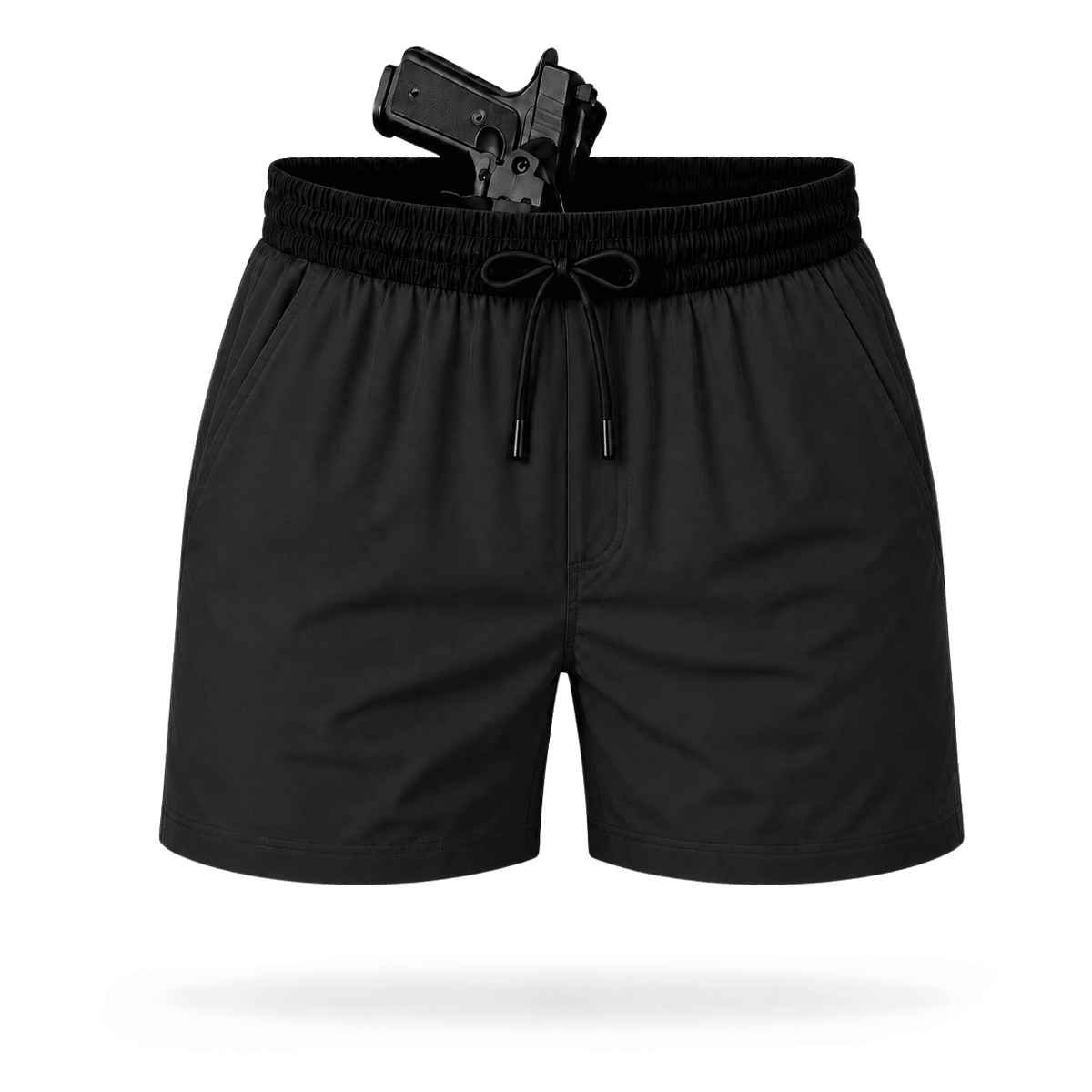 Black shorts with a gun holster on a white background