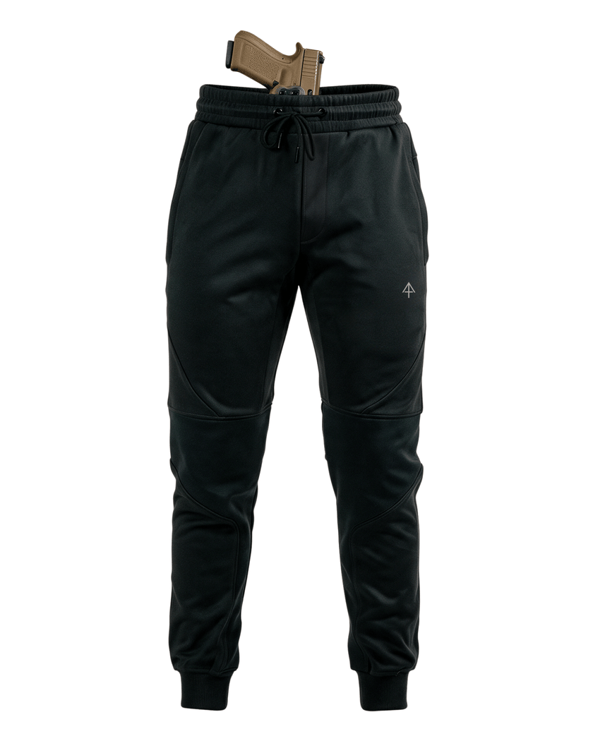 Black jogger pants with a subtle logo and holstered gun at the waist on a white background