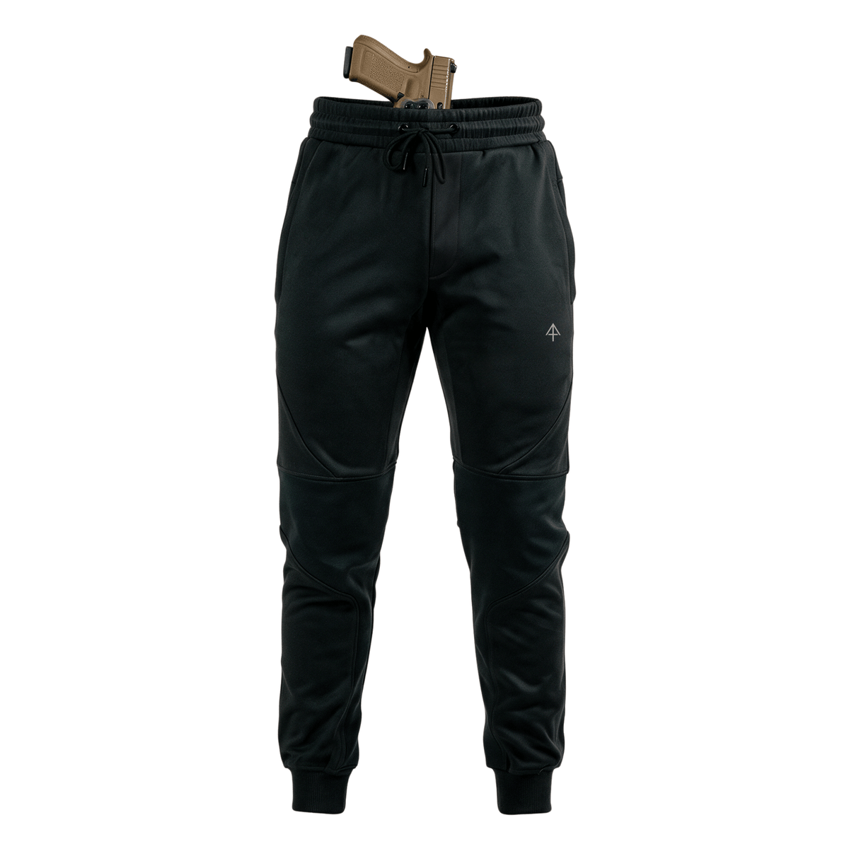 Black jogger pants with a subtle logo and holstered gun at the waist on a white background