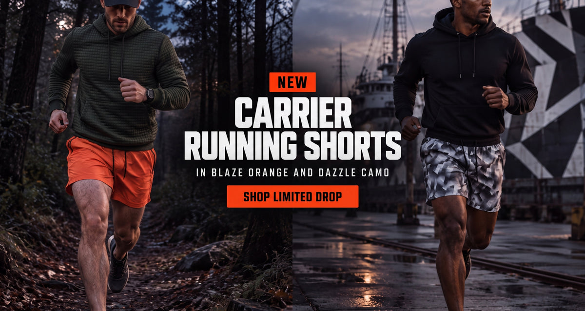 Carrier Running Shorts in Blaze Orange and Dazzle Camo