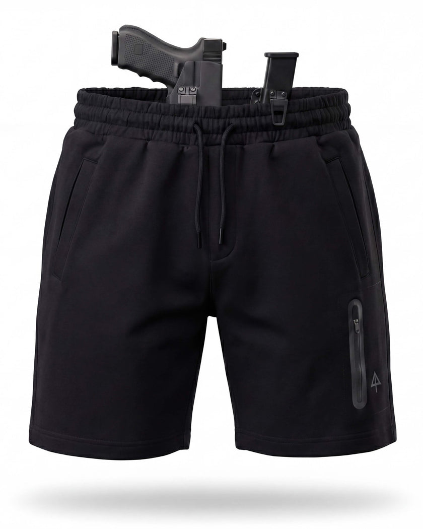 Black shorts with a gun holster on a white background