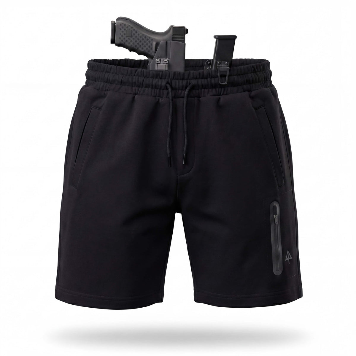 Black shorts with a gun holster on a white background
