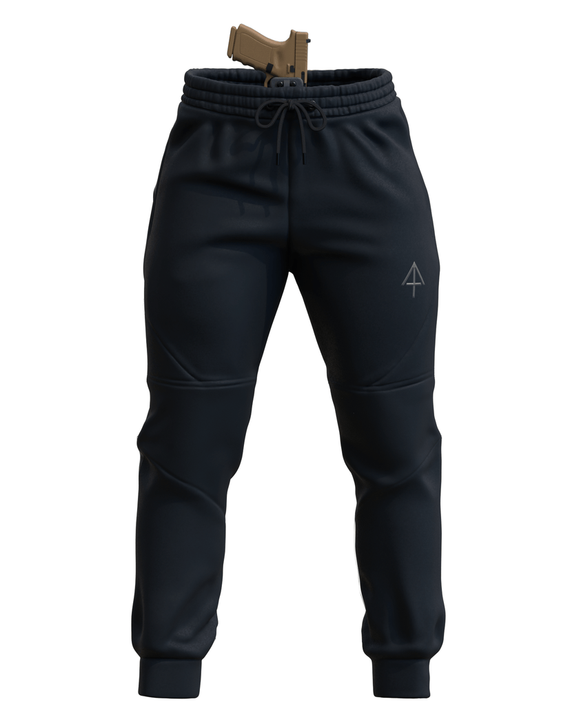 Black jogger pants with a subtle logo and holstered gun at the waist on a white background