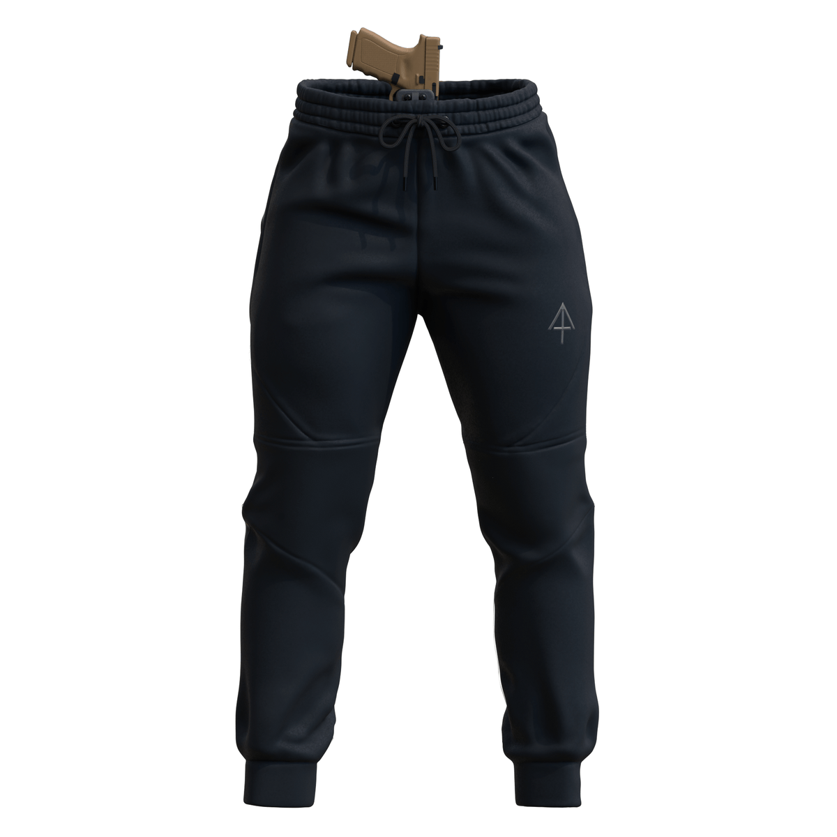 Black jogger pants with a subtle logo and holstered gun at the waist on a white background