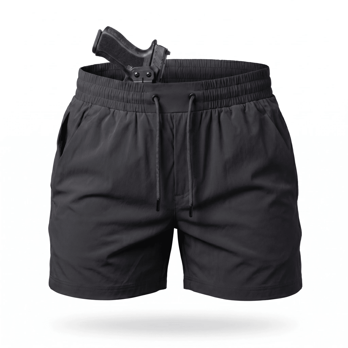 Black shorts with a gun holster on a white background