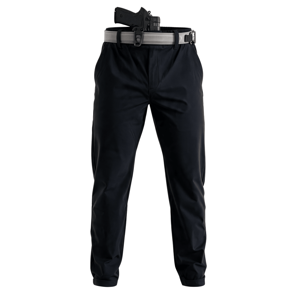 Black Constantine Carry Pants shown on a white background, styled with a grey belt and a black holster containing a handgun at the waist.