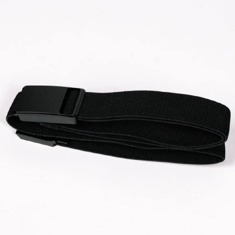 A black elastic web belt with a matte black plastic buckle, shown folded on a plain white background.