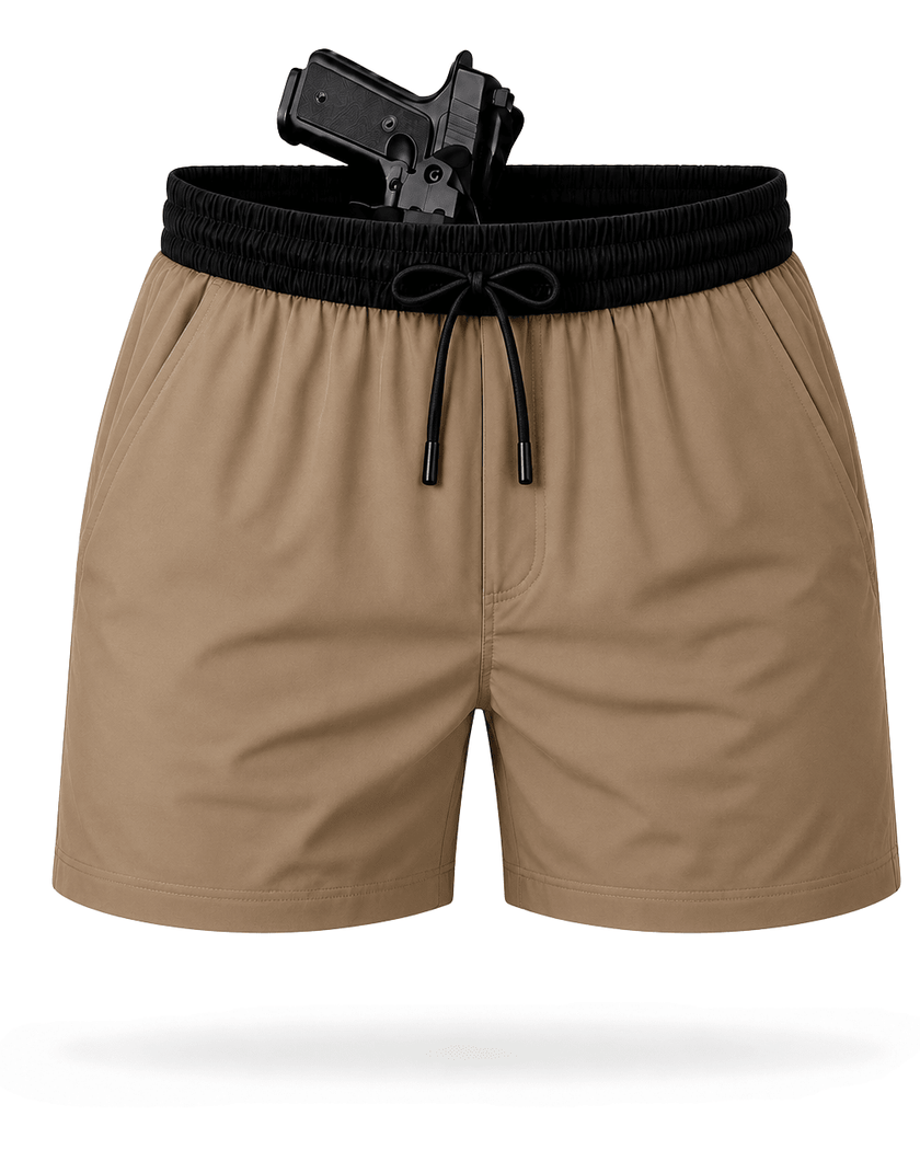 Tan shorts with a black waistband and a gun holstered on a white background