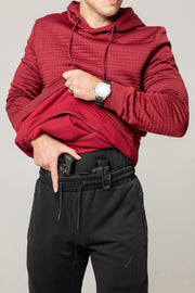 Red hoodie with Pass Through Pocket front 